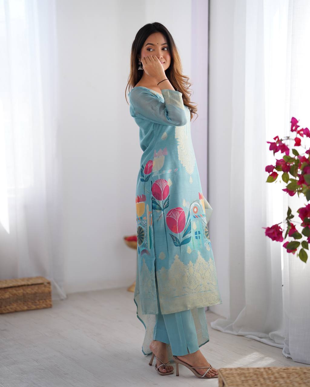 Sky color chanderi silk salwar suit for party
