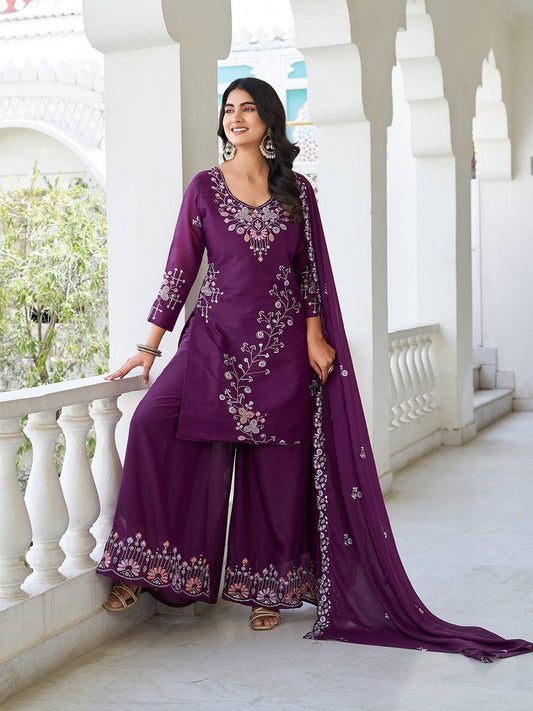 Wine color georgette sharara suit with dupatta