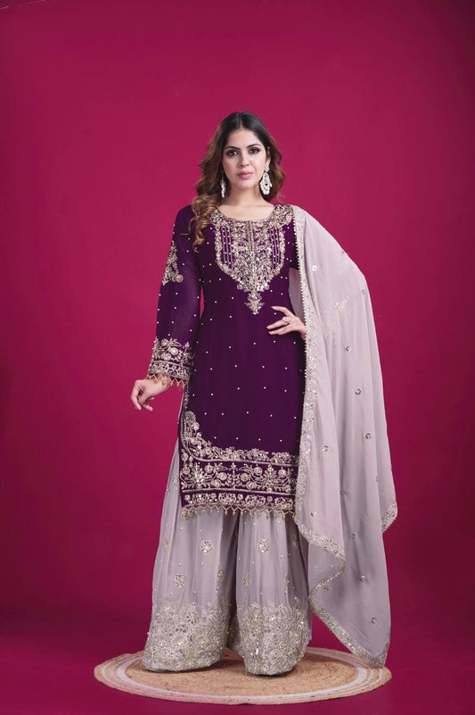 Purple color georgette sharara suit for wedding