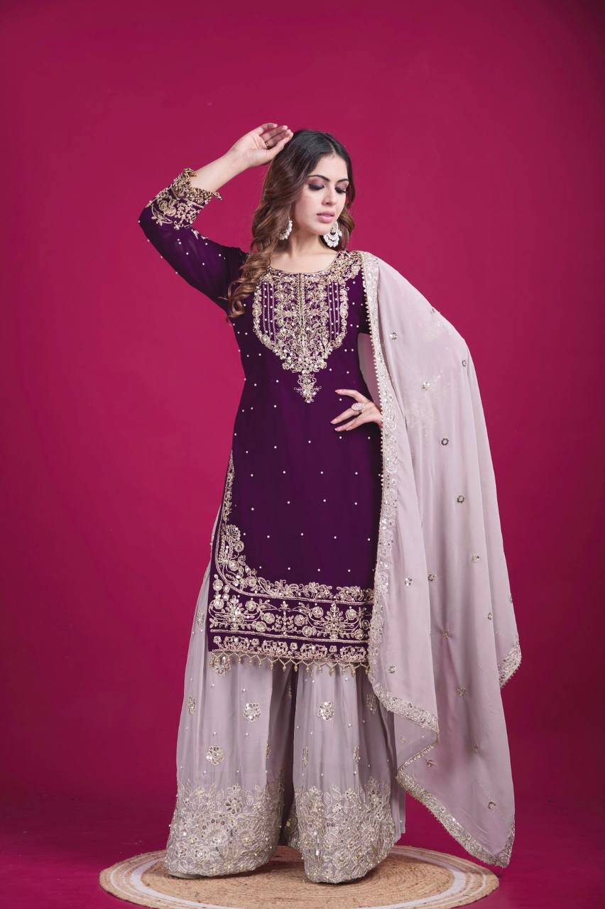 Purple georgette sharara suit with dupatta design