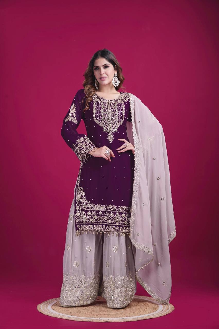 Purple color georgette sharara suit with dupatta price