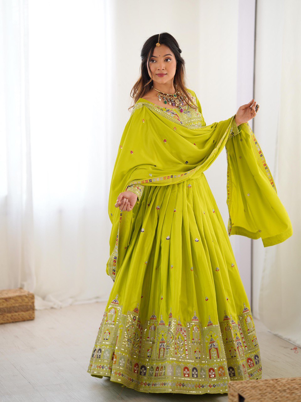 Parrot green natural crep silk lehengas