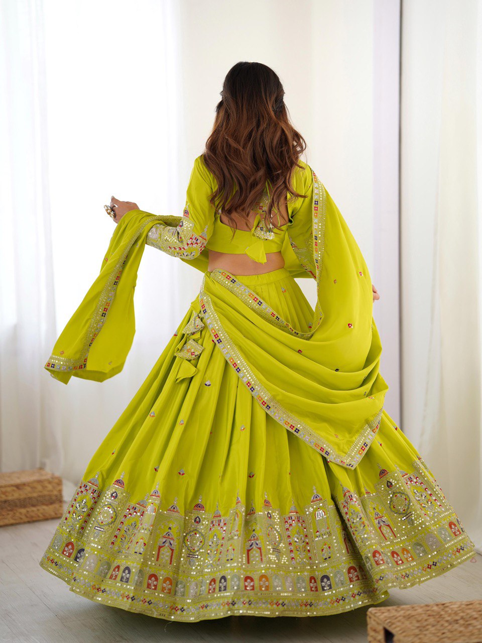 Parrot green natural crep silk lehenga choli with dupatta price