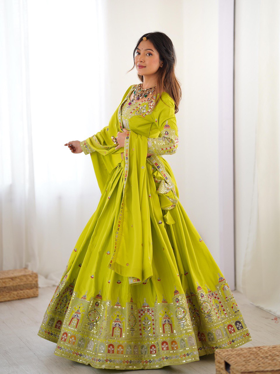 Parrot green natural crep silk lehenga choli with dupatta