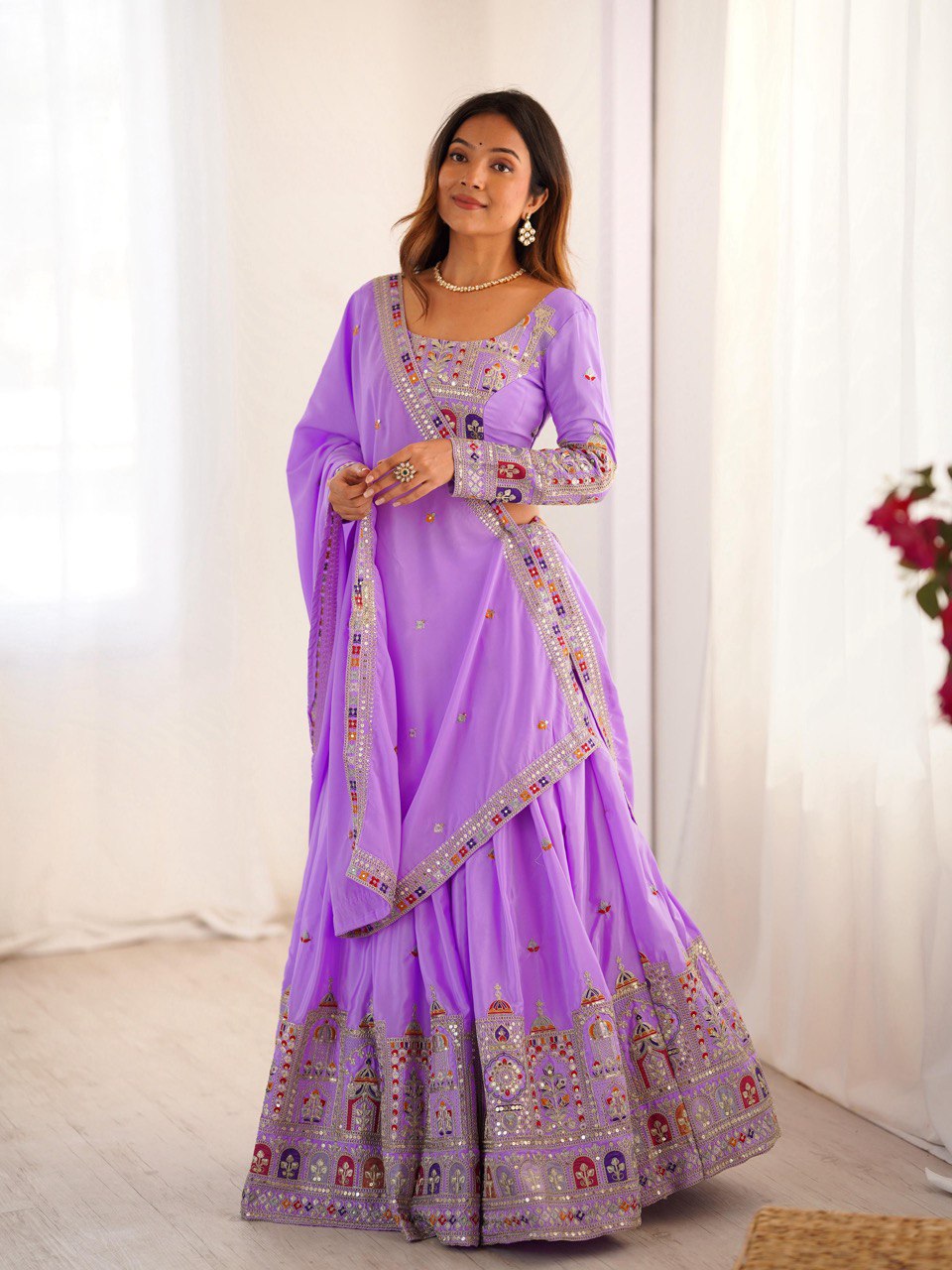 Lavender color natural crep silk lehenga choli