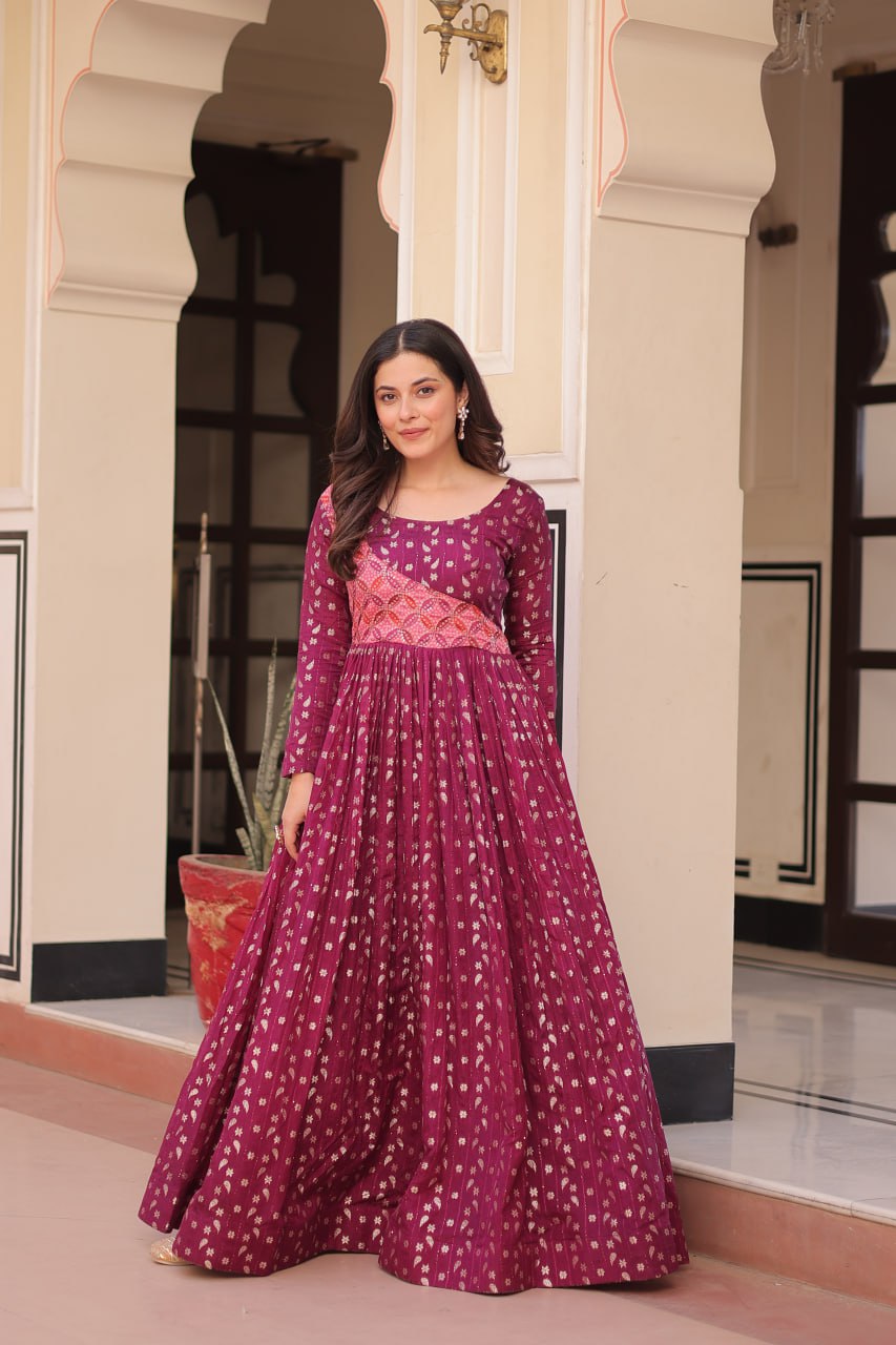 Wine Color Jacquard Printed Ready To Wear Gown For Party