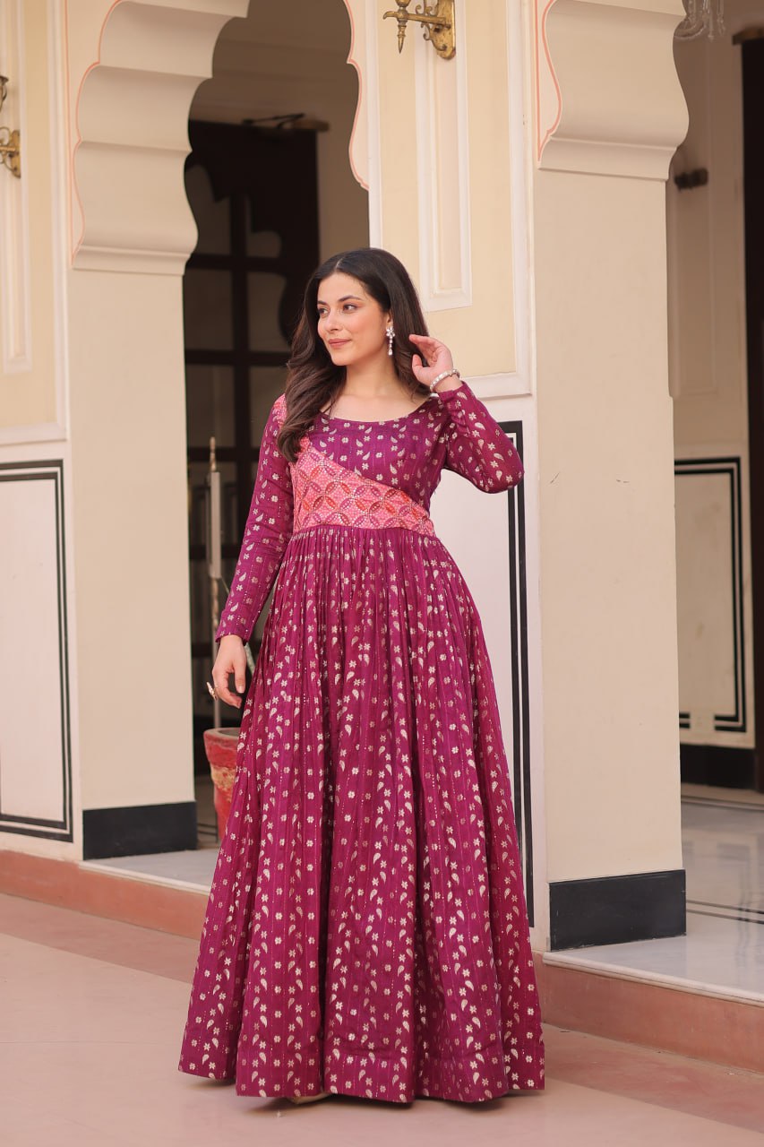 Wine color jacquard printed gown for women