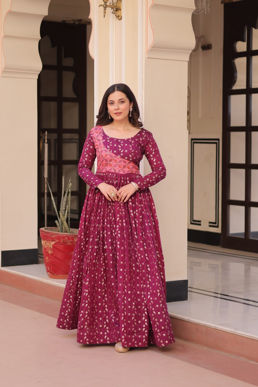 Wine color jacquard printed gown with online