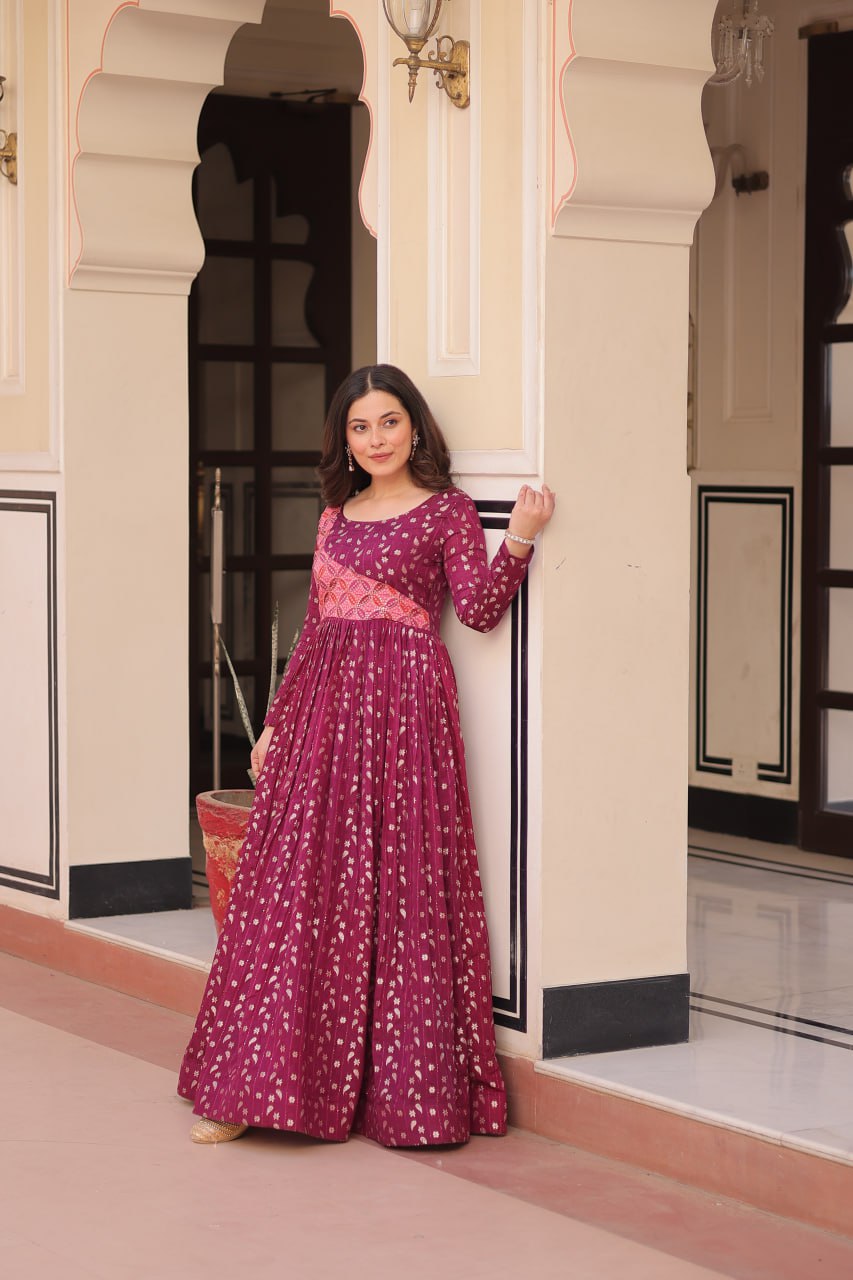 Wine color jacquard printed gown price