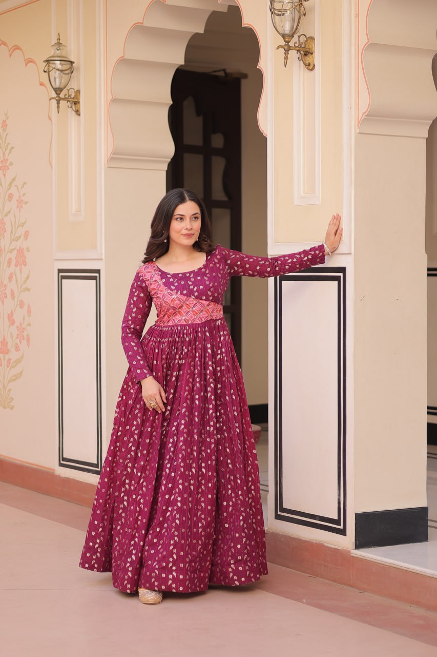 Wine color jacquard printed gown for party