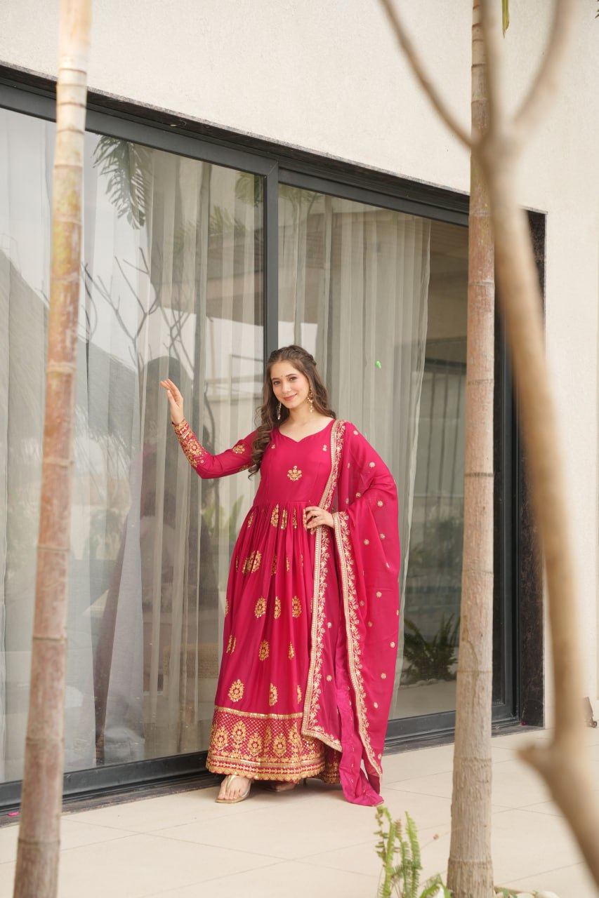 Pink color georgette gown with dupatta online