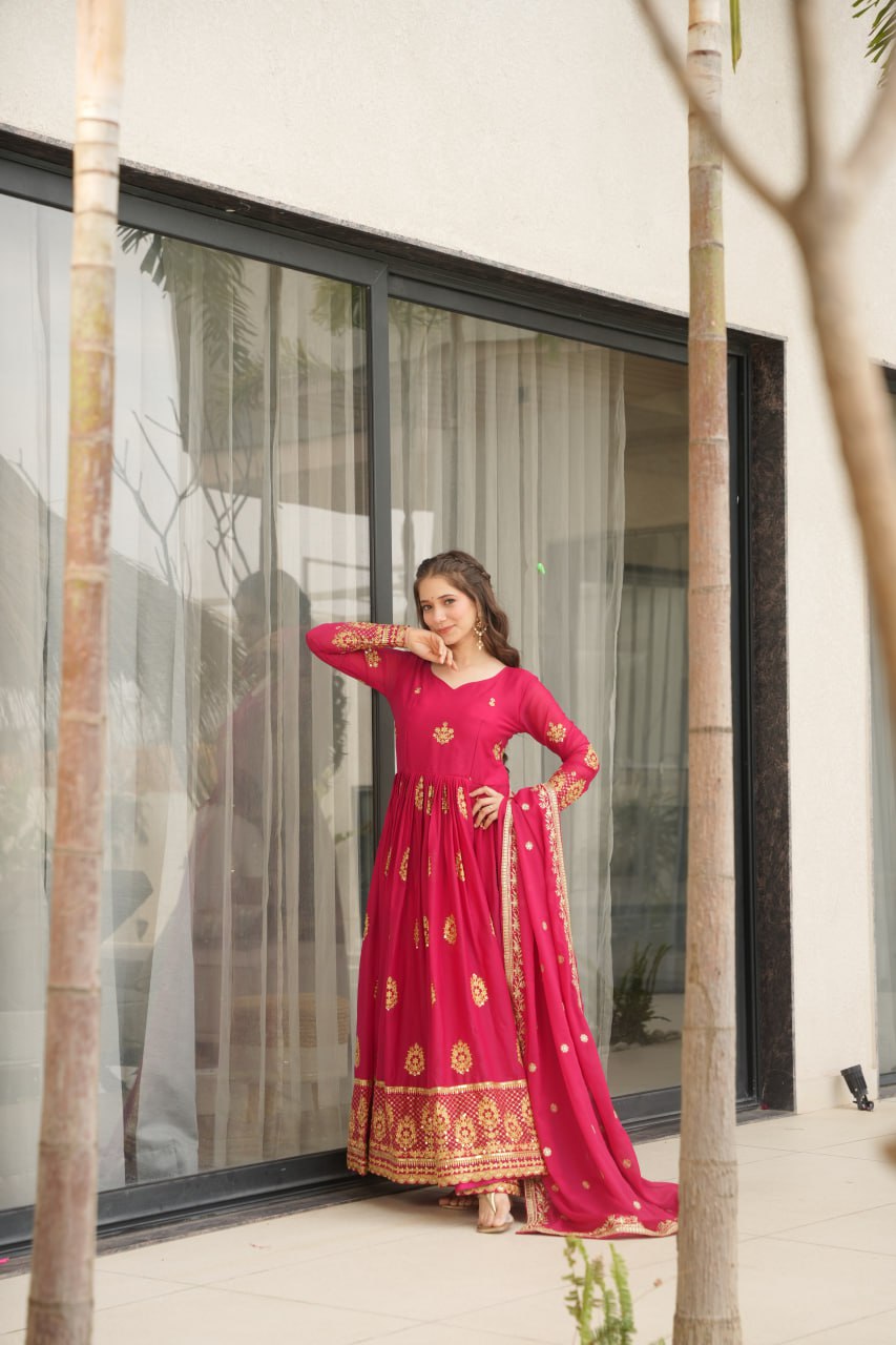 Pink georgette gown with dupatta online shopping