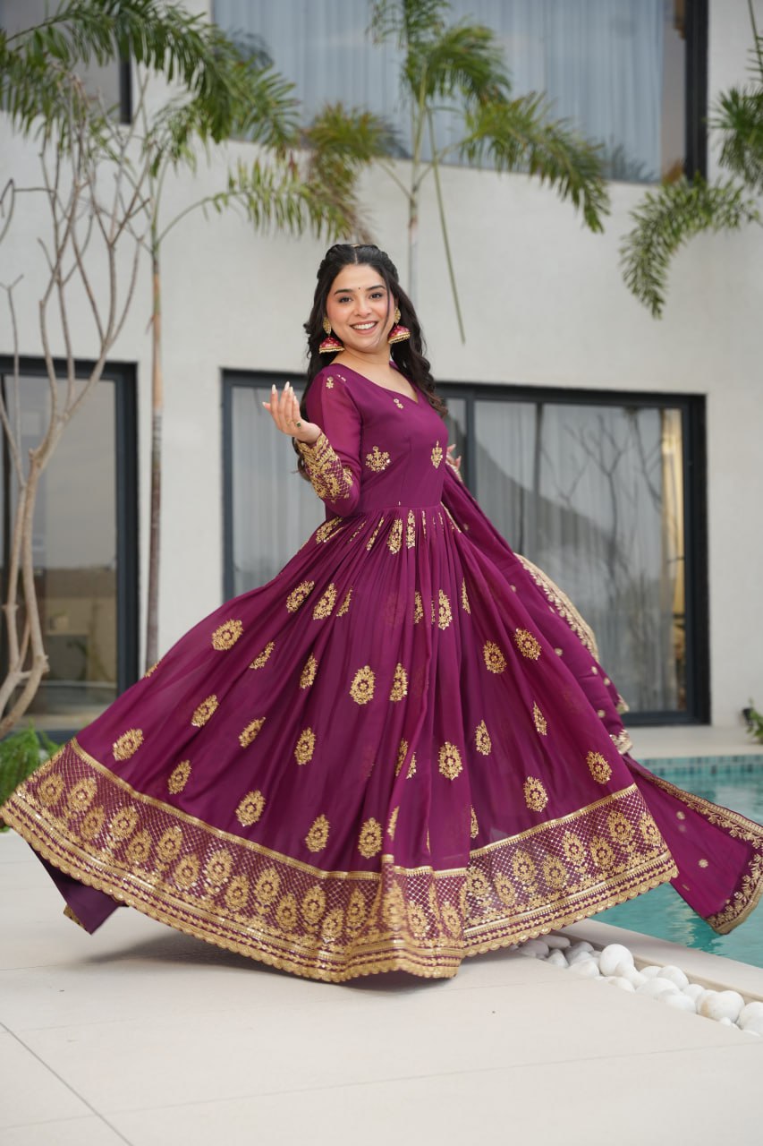 Wine color georgette gown with price