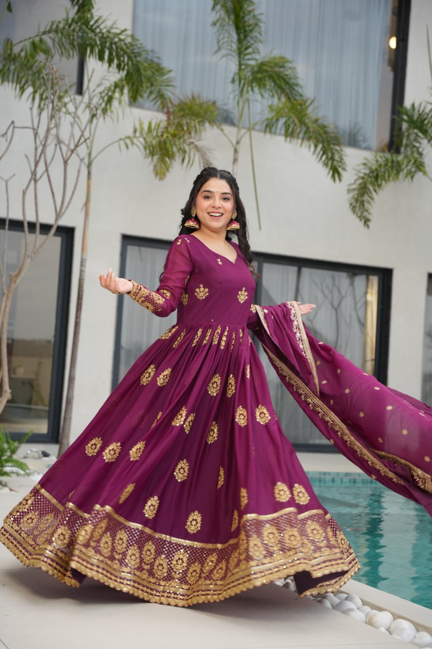 Wine color georgette gown with dupatta images