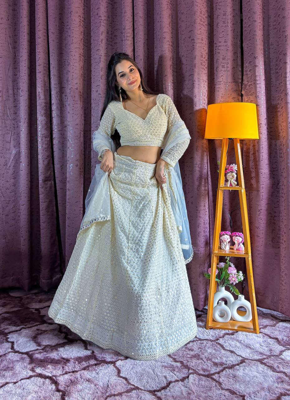 Off white color georgette lehenga choli for wedding