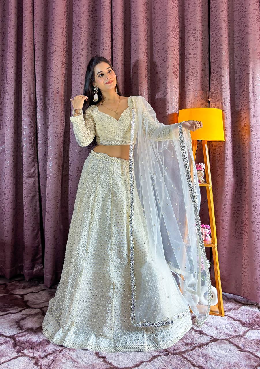 Off white georgette lehenga choli with dupatta images