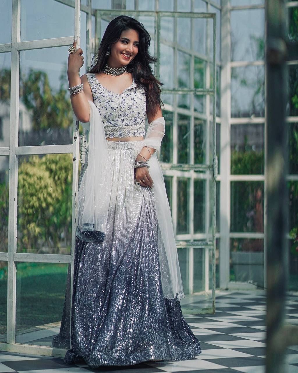 Grey color georgette lehenga choli for wedding