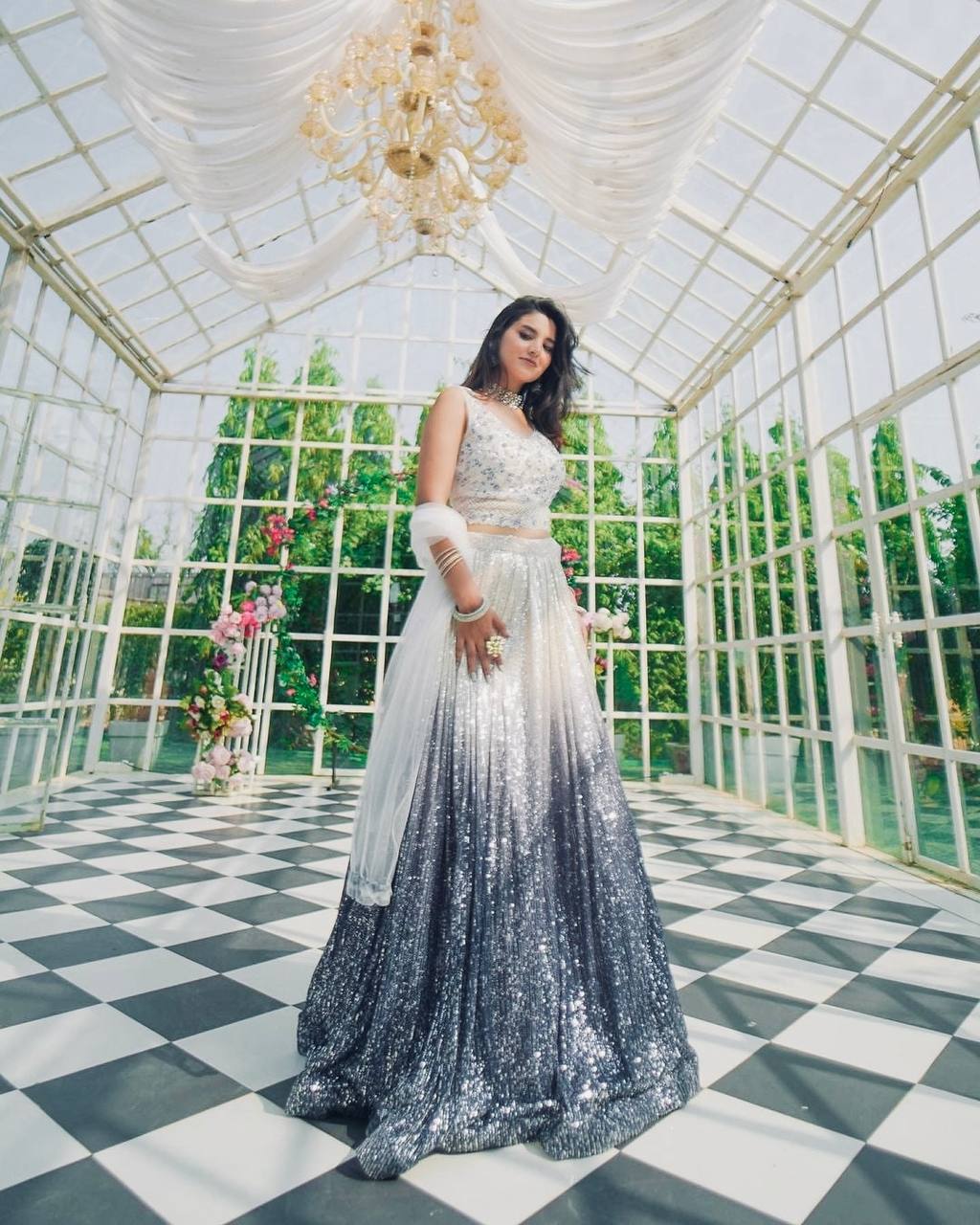 Grey color georgette lehenga choli with dupatta