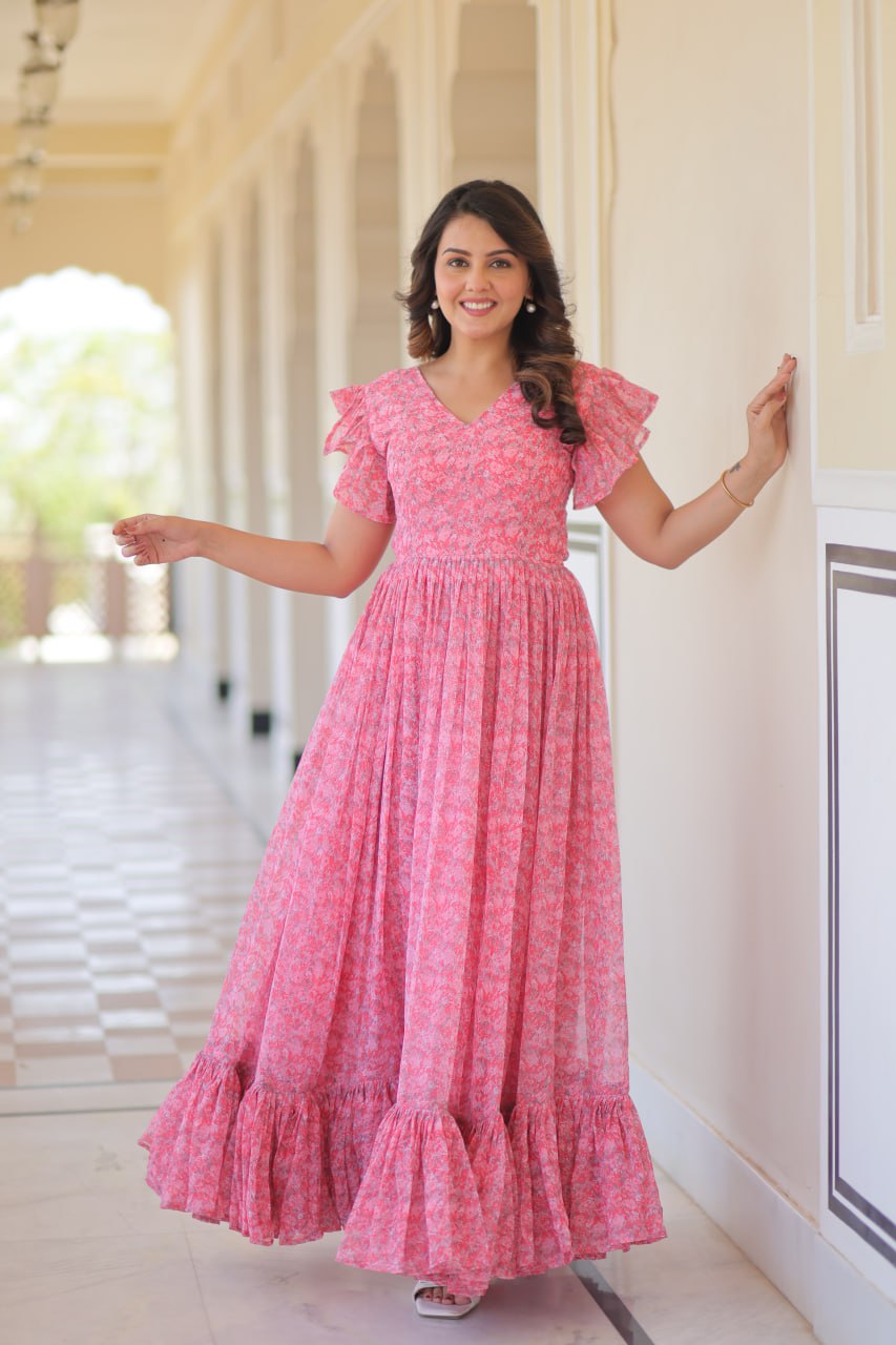long dress pink colour Attractive Ruffle Flare Printed Pink Color Long Gown L
