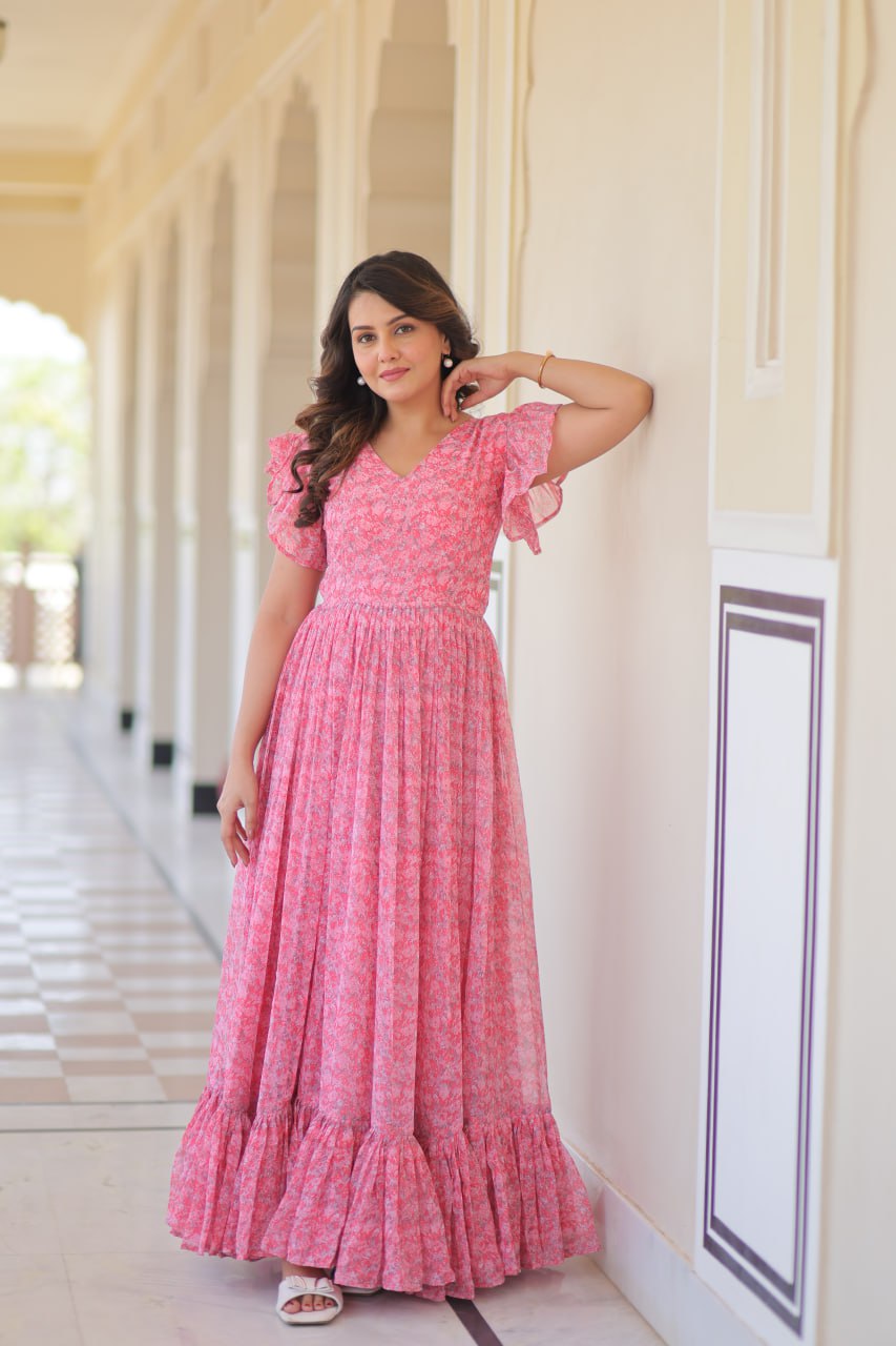 Pink color georgette gown for party