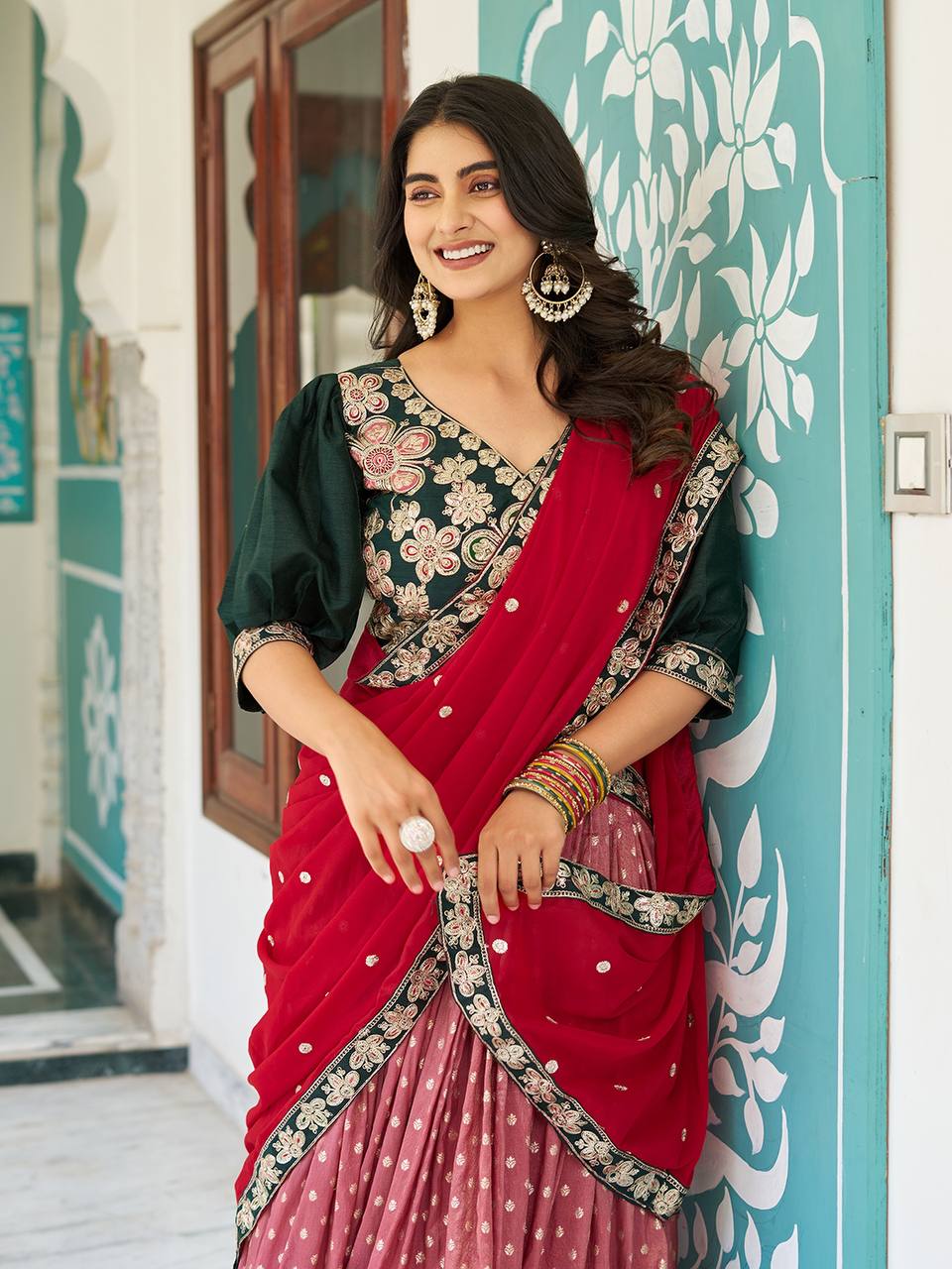Onion shimmer chaniya choli with dupatta online shopping