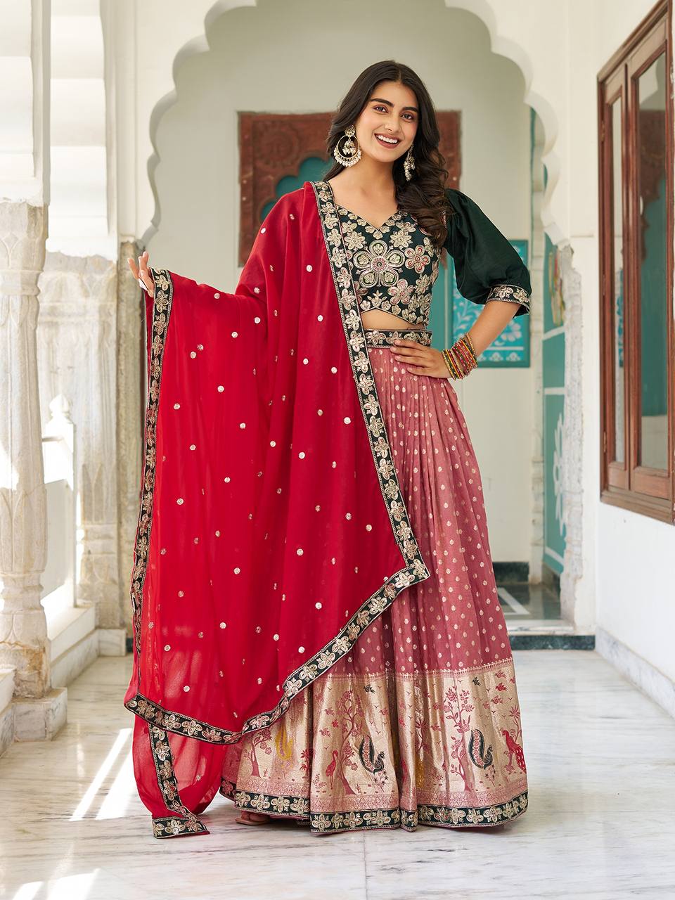 Onion color shimmer lehenga choli with dupatta images