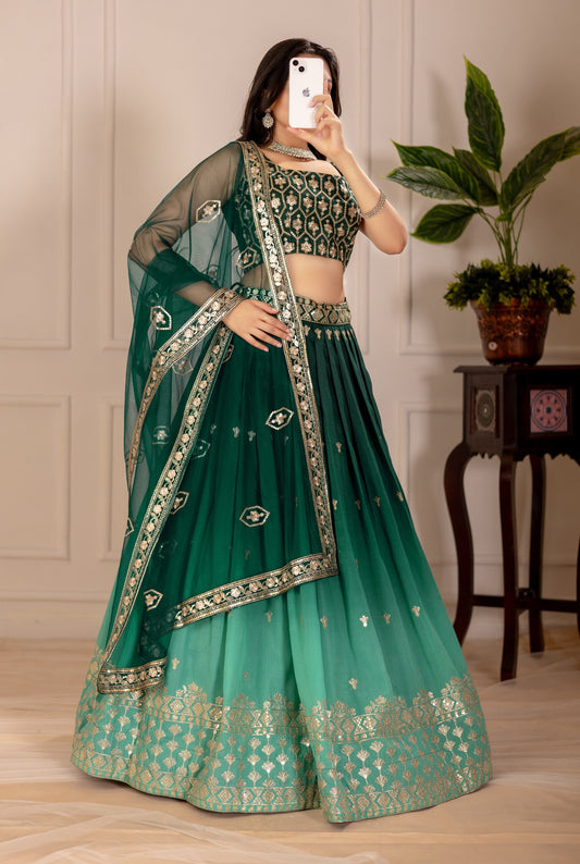 Green color shimmer silk lehenga choli for wedding