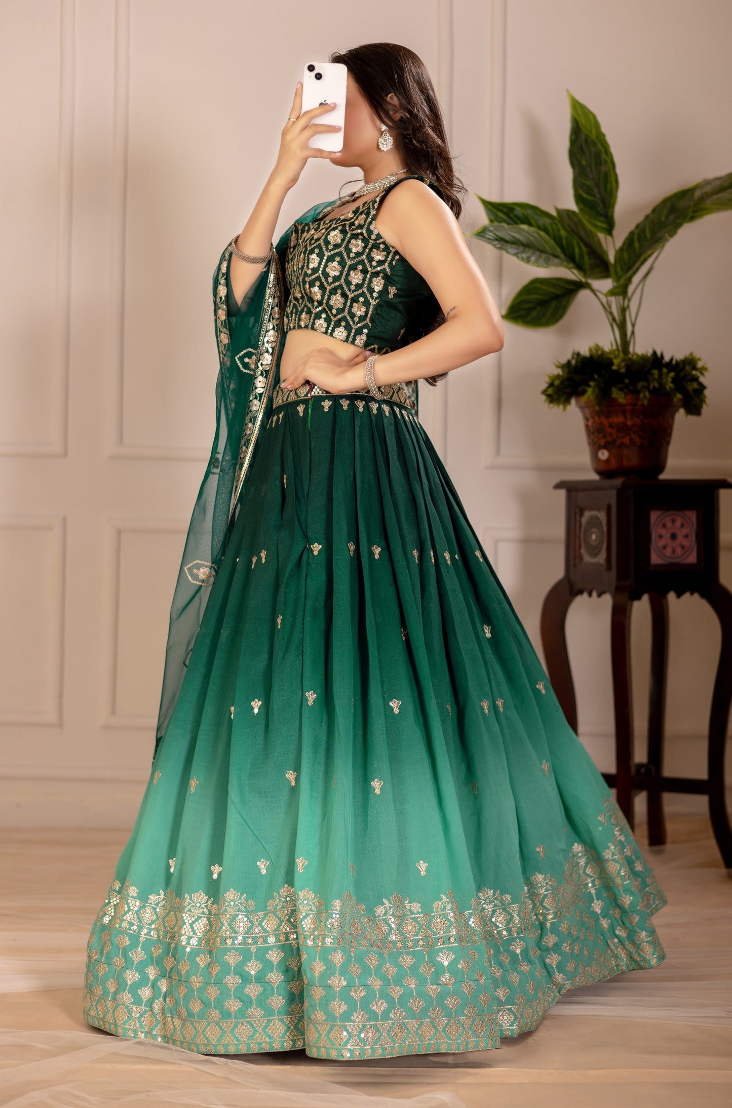 Green color shimmer silk lehenga choli with dupatta price