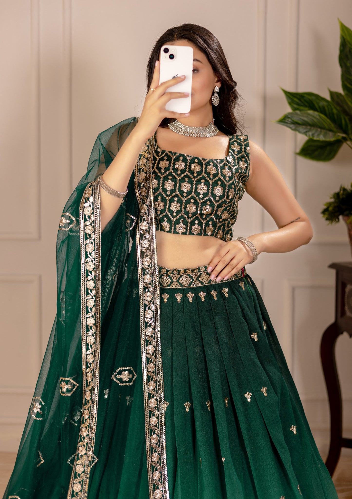 Green shimmer silk lehenga choli with dupatta online