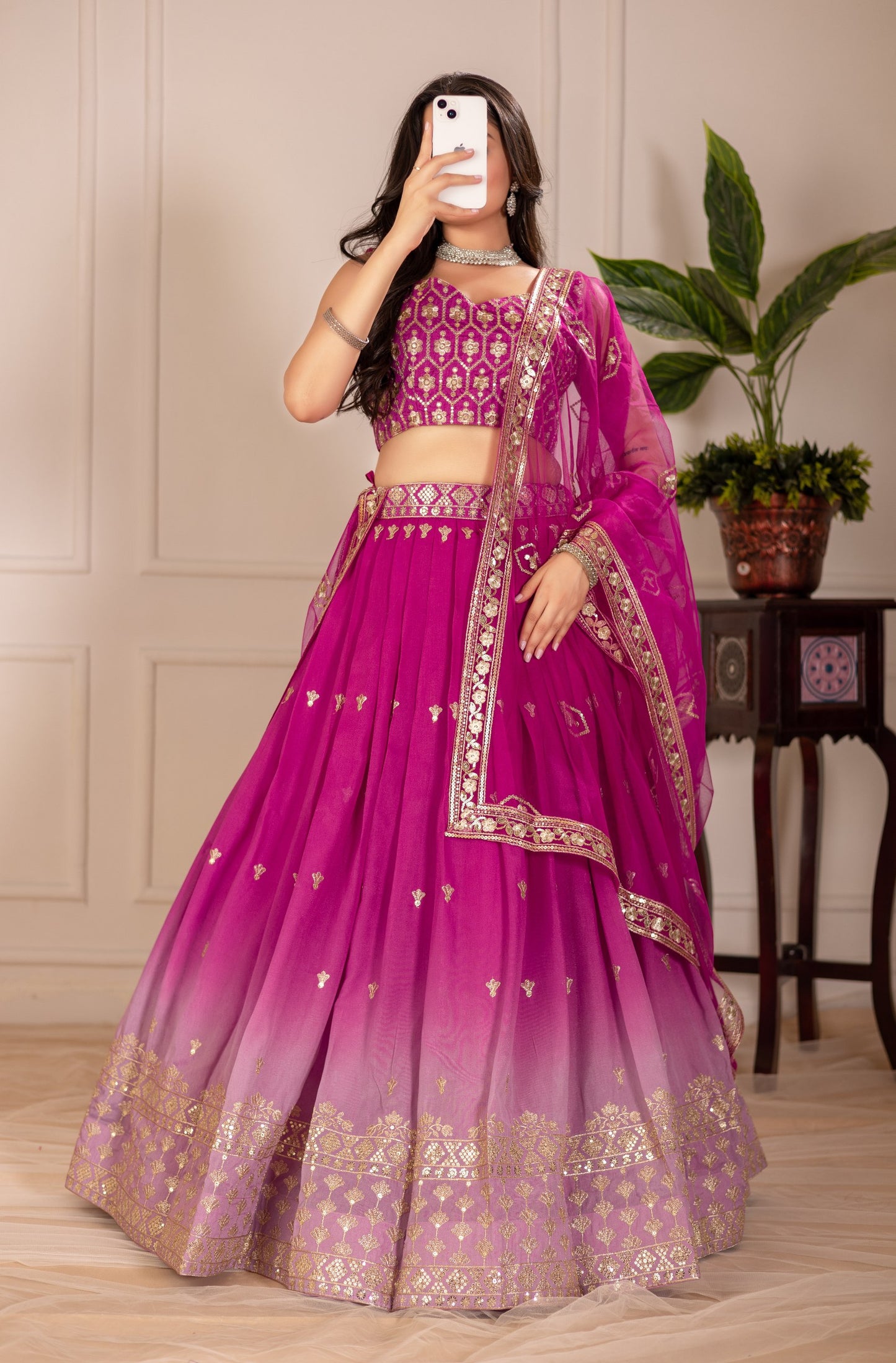 Pink color shimmer silk lehenga choli for women