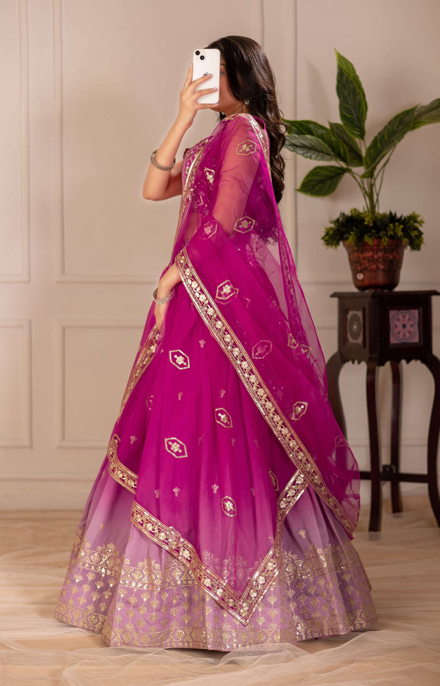Pink shimmer silk lehenga choli for wedding