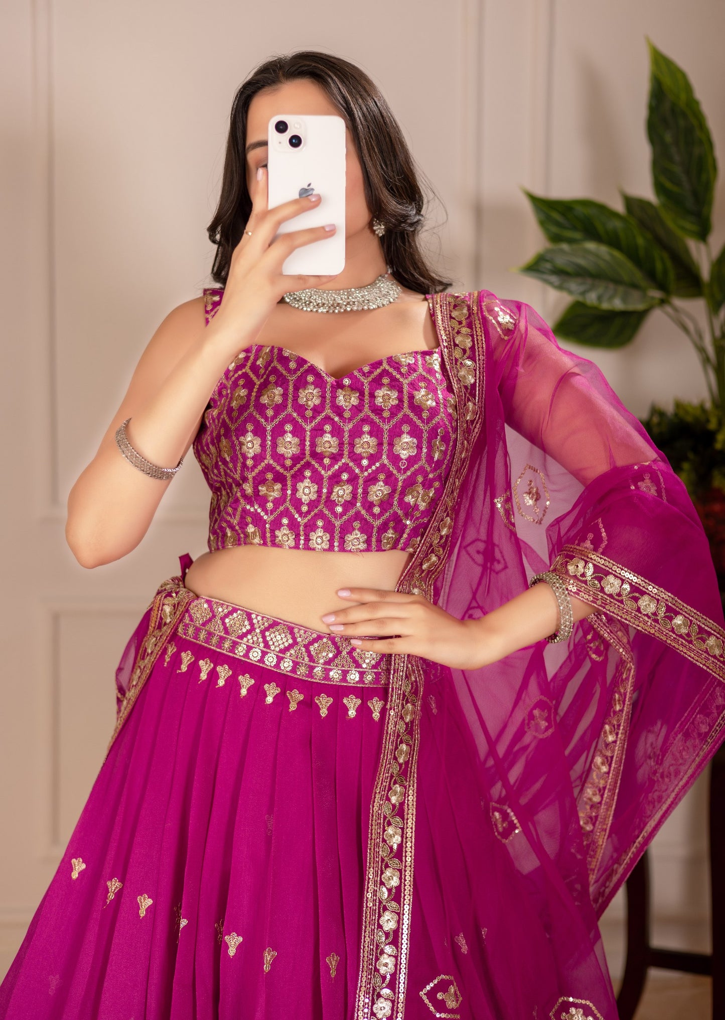 Pink color shimmer silk lehenga choli with dupatta online