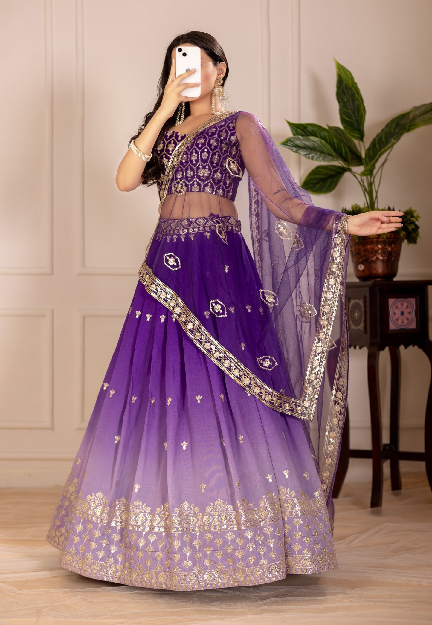 Purple shimmer silk ghagra choli with dupatta online shopping