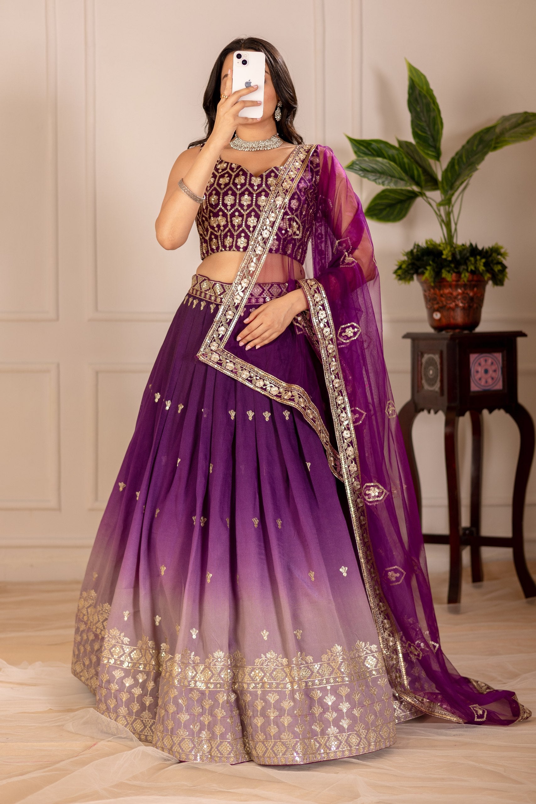 Wine color shimmer silk lehenga choli