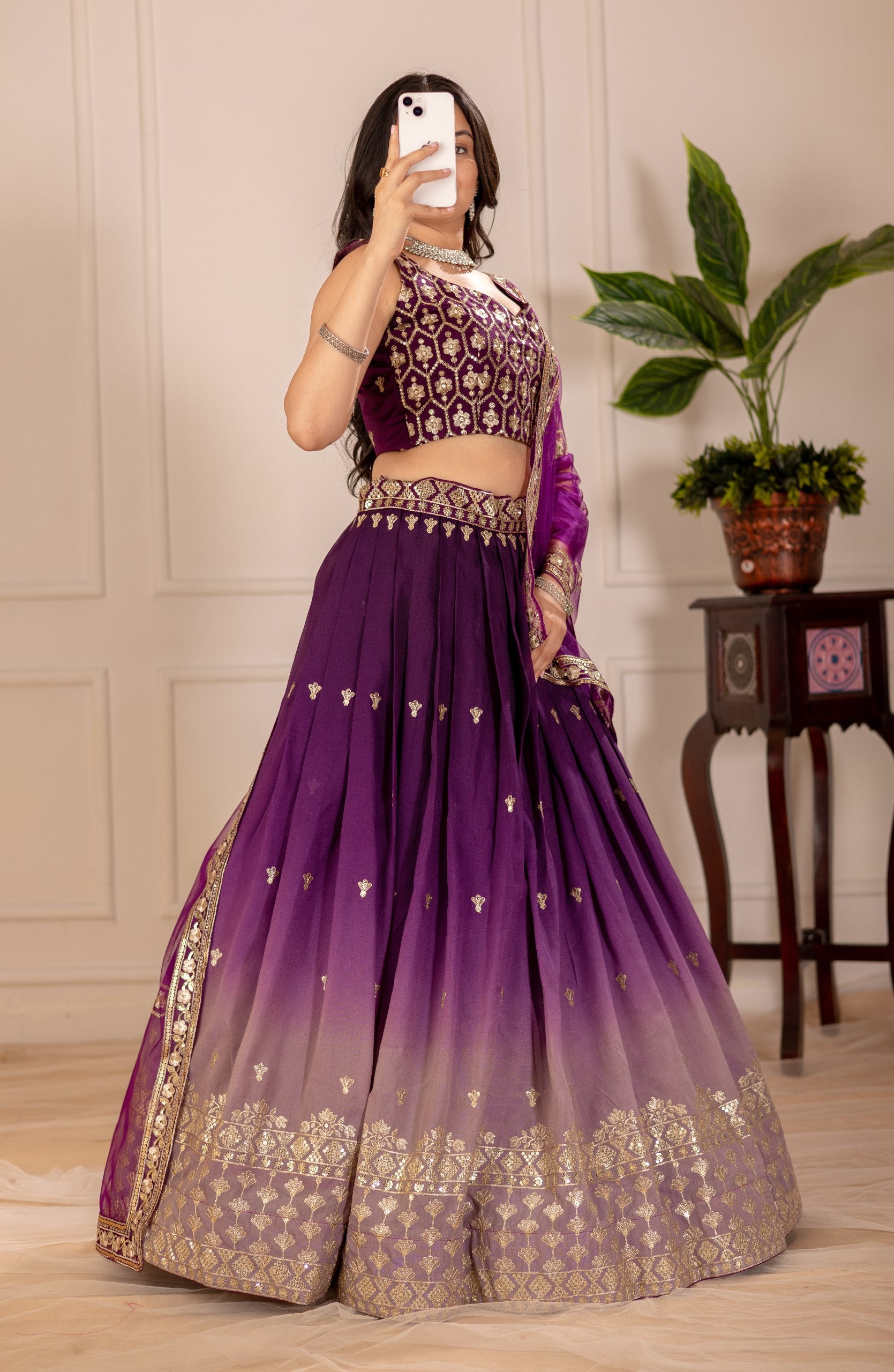 Wine color shimmer silk lehenga choli for women