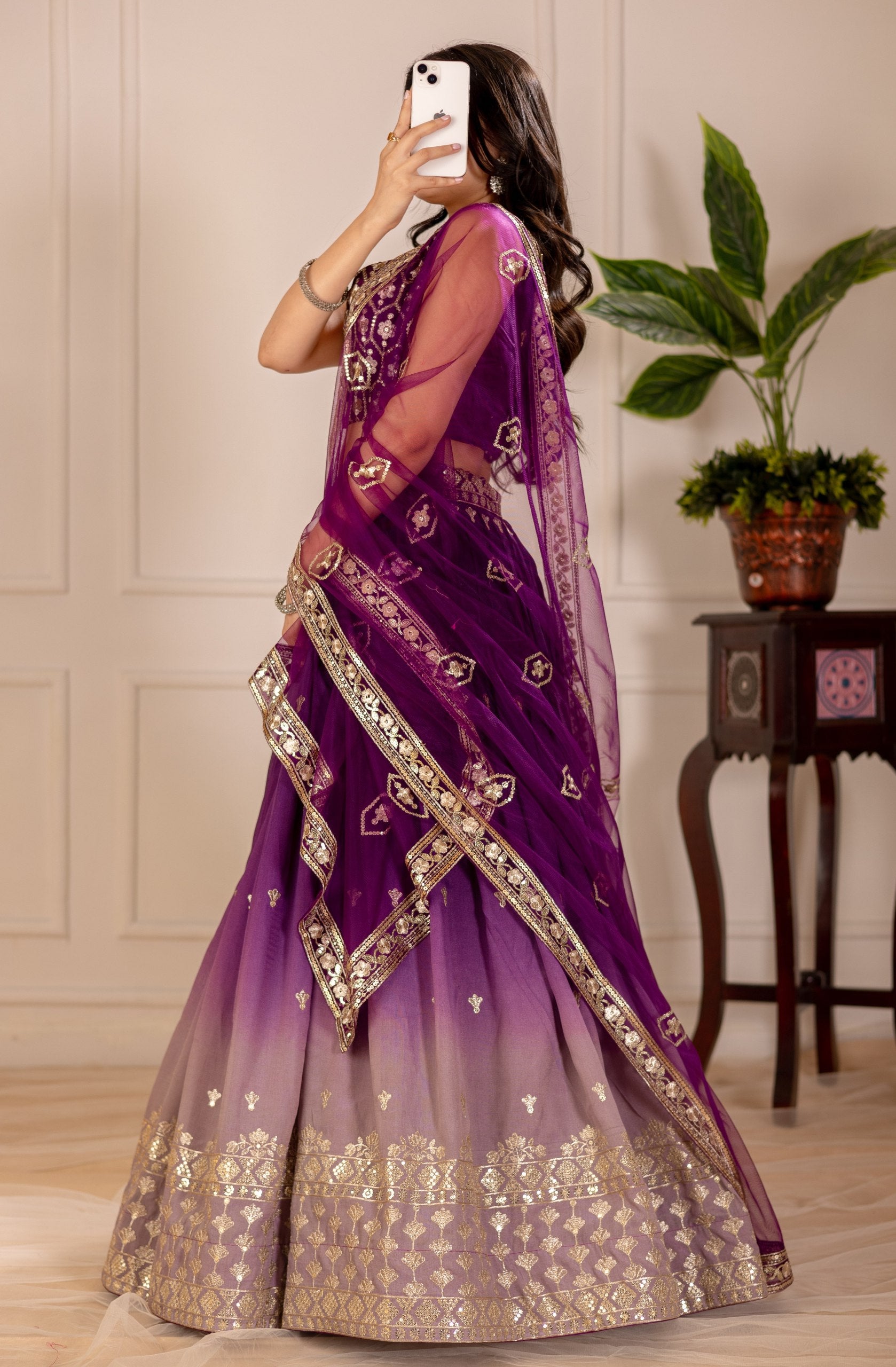 Wine color shimmer silk chaniya choli with dupatta