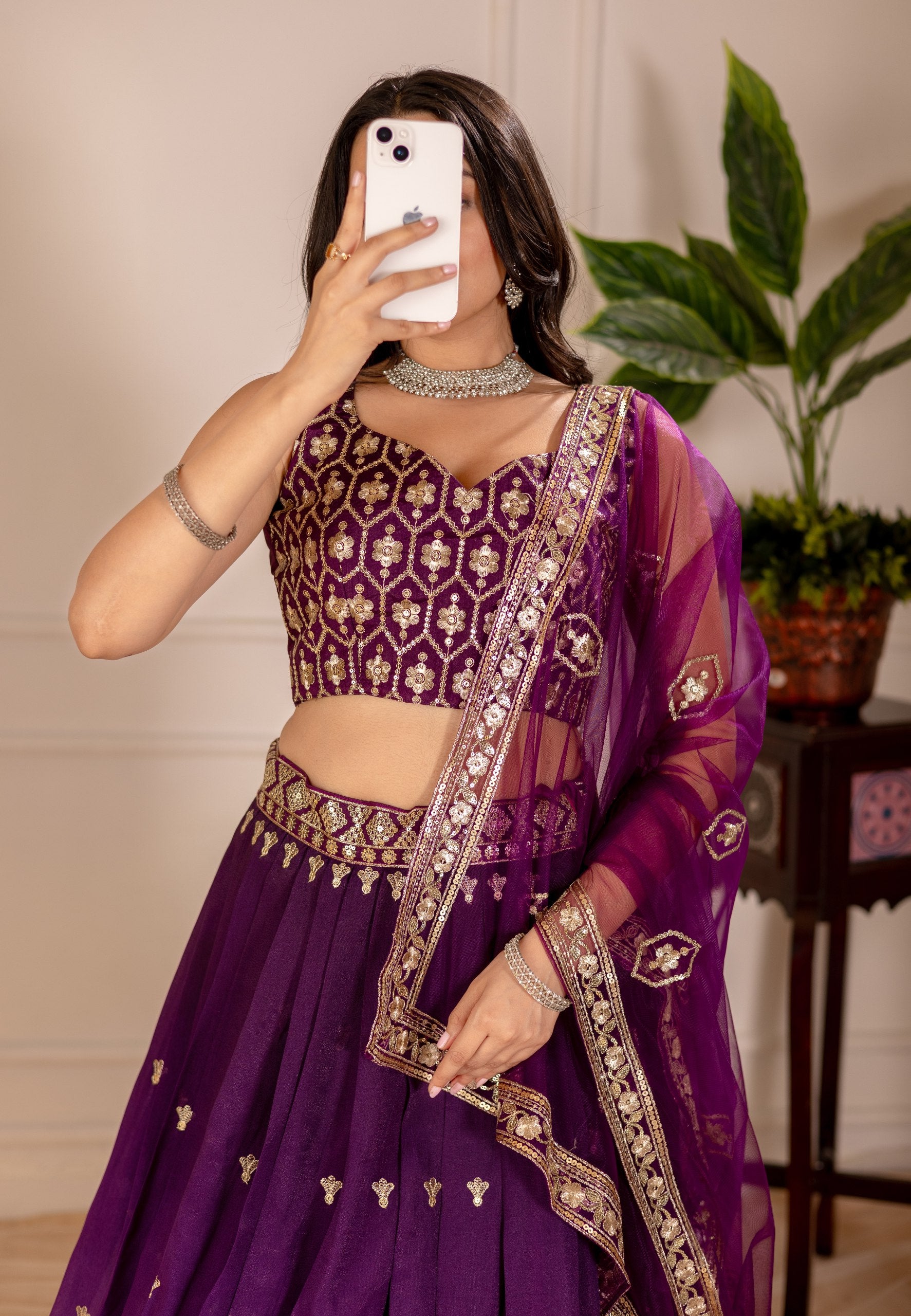 Wine shimmer silk chaniya choli with dupatta images