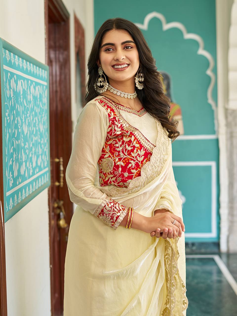 Red color pitha work saree with blouse