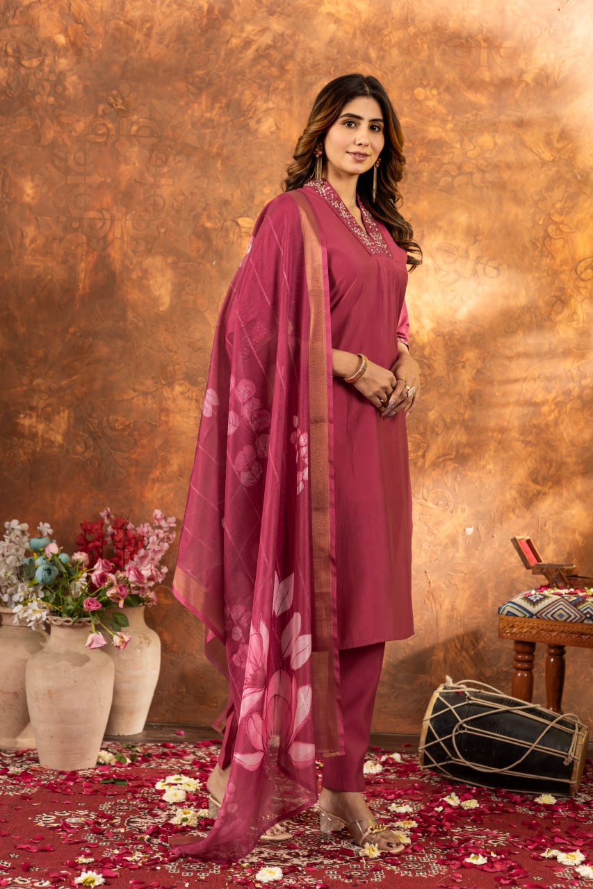 Pink color roman silk salwar suit with dupatta