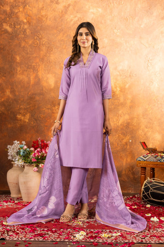 Lavender color roman silk salwar suit with dupatta