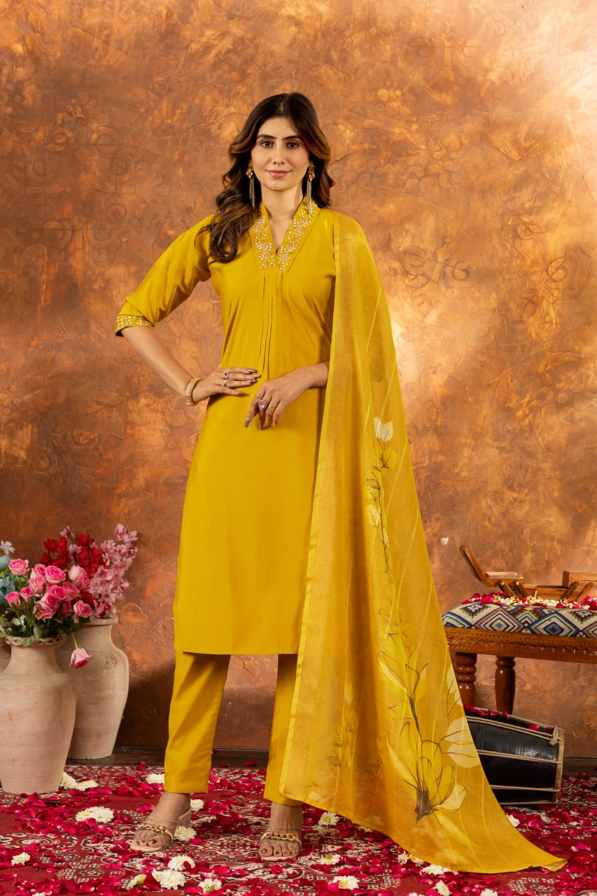 Yellow color roman silk salwar suit for women