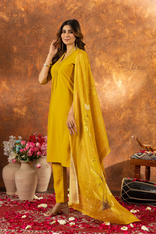 Yellow color roman silk salwar suit with dupatta price