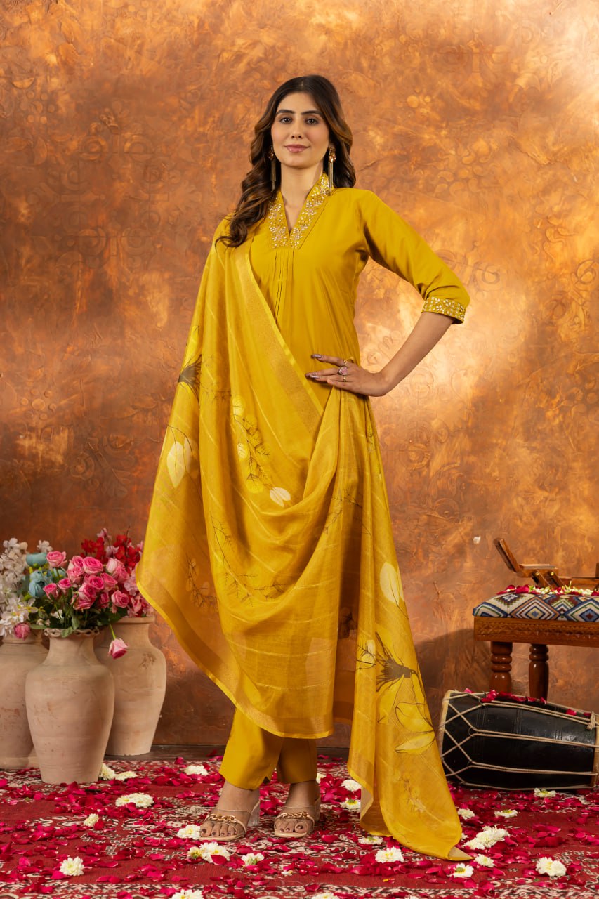 Yellow roman silk salwar suit with dupatta price