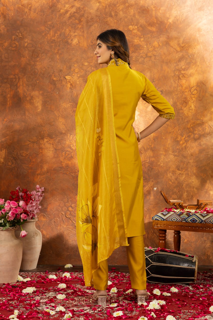 Yellow roman silk salwar suit with dupatta online shopping