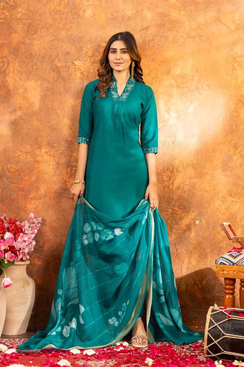 Rama color roman silk salwar suit with dupatta