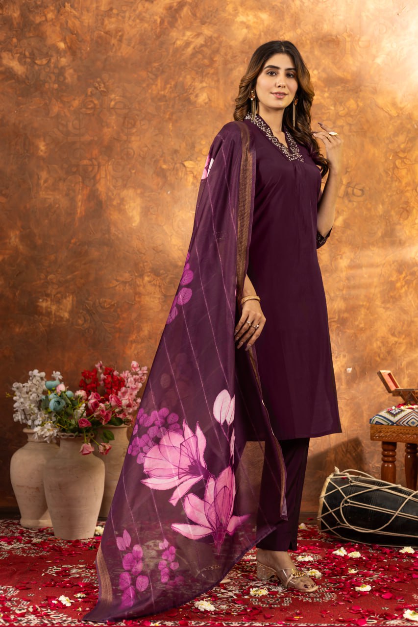 Wine color roman silk salwar suit with dupatta