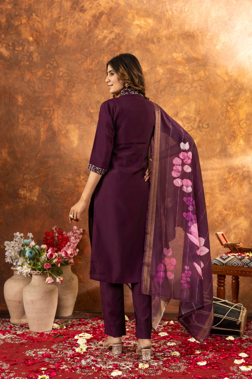 Wine roman silk salwar suit with dupatta price