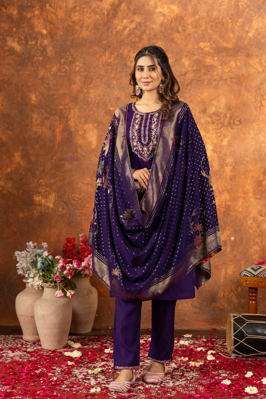 Purple color marina silk salwar suit with dupatta