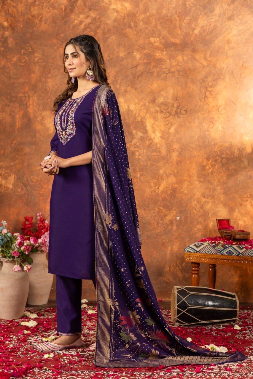 Purple marina silk salwar suit with dupatta price