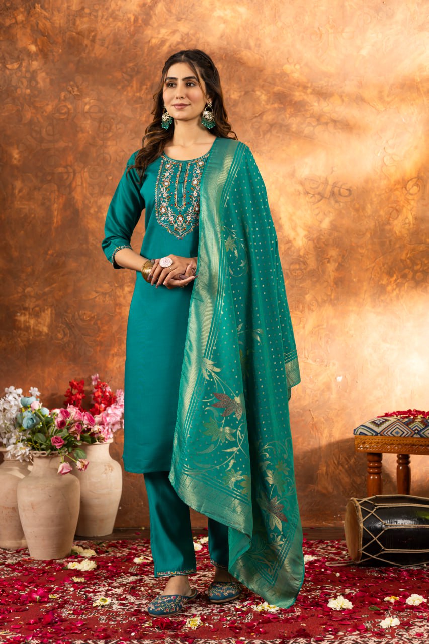 Green color marina silk salwar suit for women